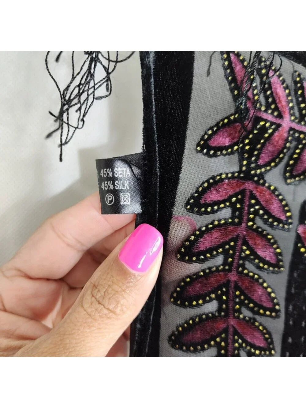 Black Pink Viscose Silk Flocked Scarf Wrap Fringe Lightweight Unbranded